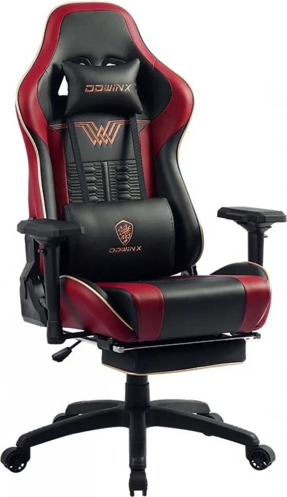 RESIGILAT- DOWINX Scaun gaming, ergonomic, pernă lombară cu masaj, suport pentru picioare, piele PU matlasata, respirabila, cotiere 4D, rezistent 150 kg, Negru/Rosu