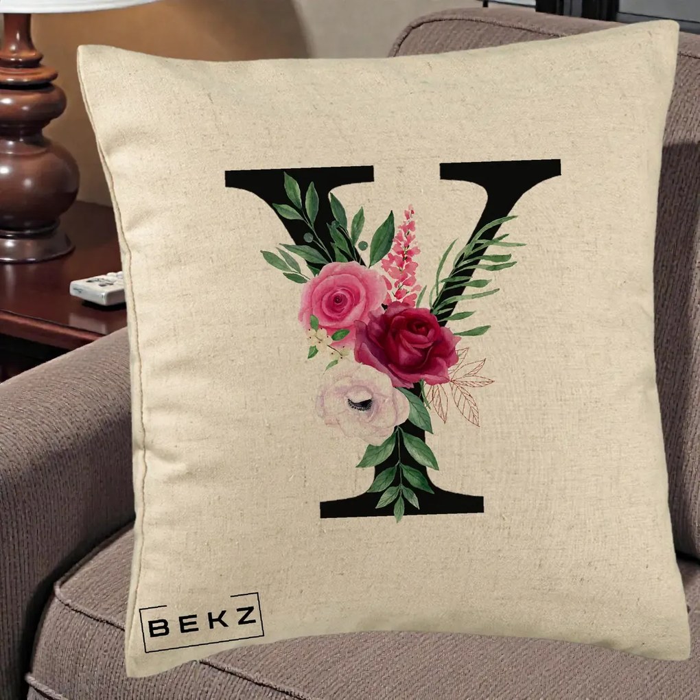 Cadou Personalizat - Perna Personalizata Monograma Florala Litera Y cu Buchet, 40x40 cm, Bej, Husa Detasabila, Perna Inclusa, BEKZ®