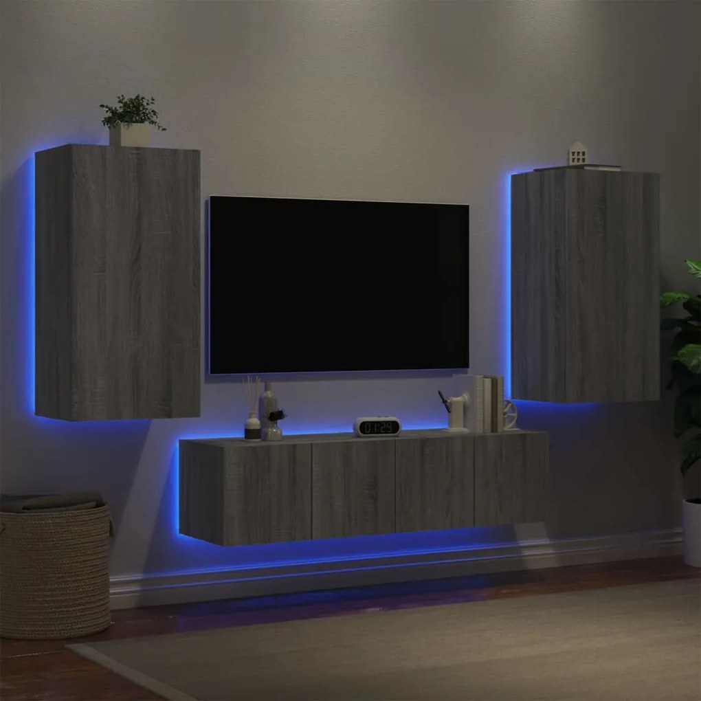 vidaXL Unități de perete TV cu LED-uri, 4 piese, gri sonoma, lemn