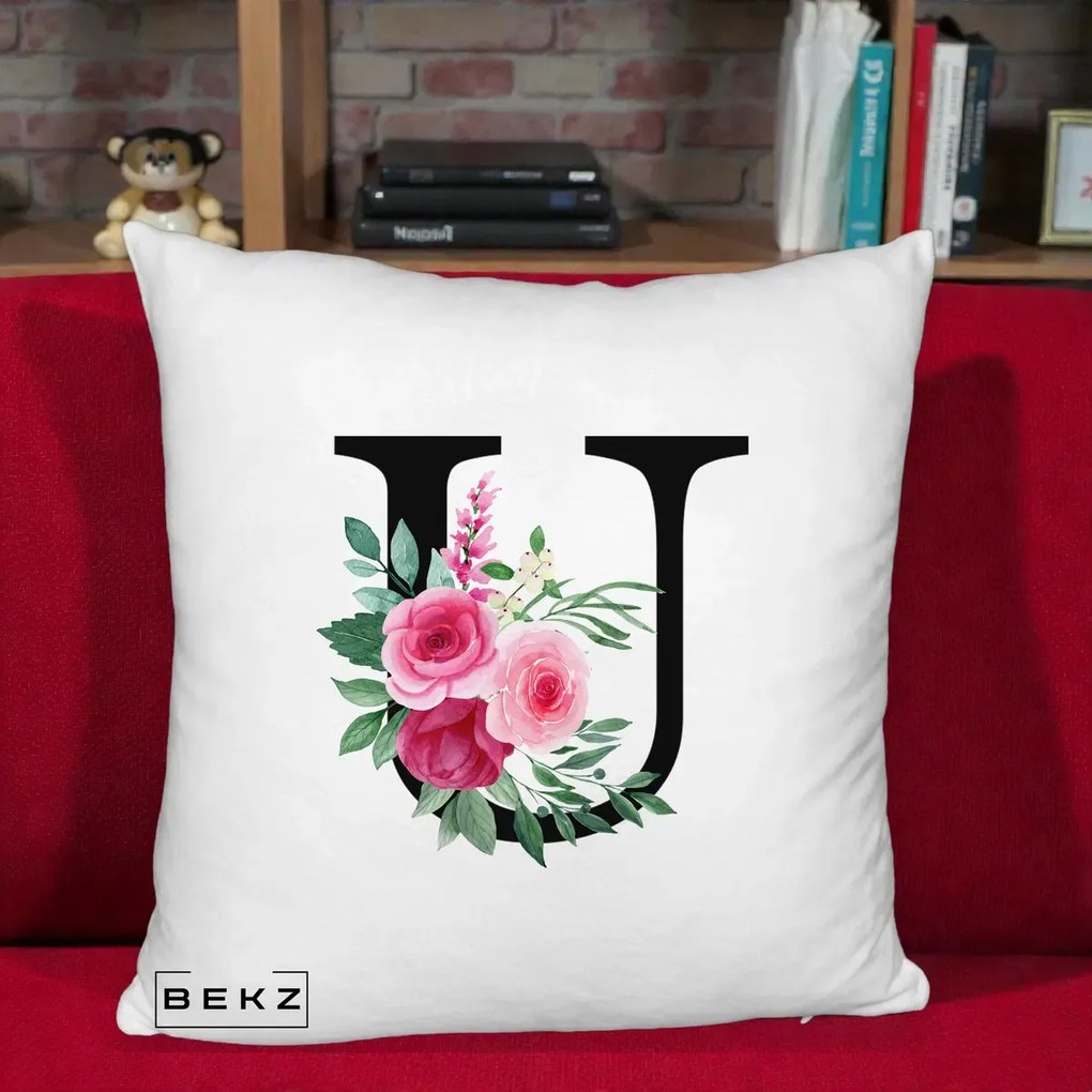 Cadou Personalizat - Perna Personalizata Monograma Florala Litera U, 40x40 cm, Alb Pufos, Husa Detasabila, Perna Inclusa, BEKZ®