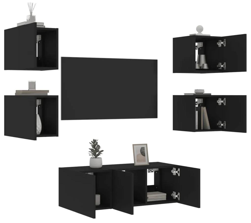 3216812 vidaXL Unități de perete TV cu LED-uri, 6 piese, negru, lemn prelucrat