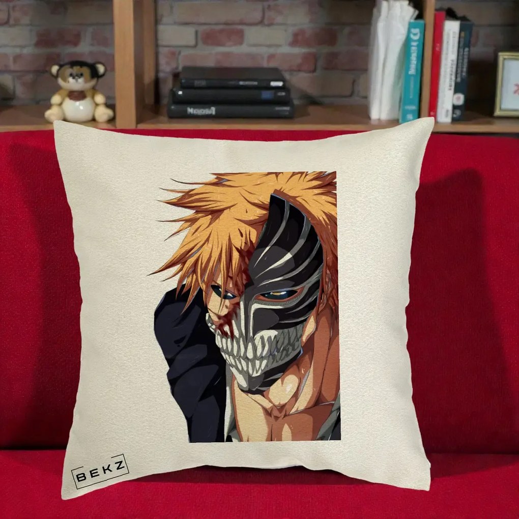 Perna Personalizata Bleach Ichigo Masca Hollow, 40x40 cm, Ecru, Husa Detasabila, Perna Inclusa, BEKZ®