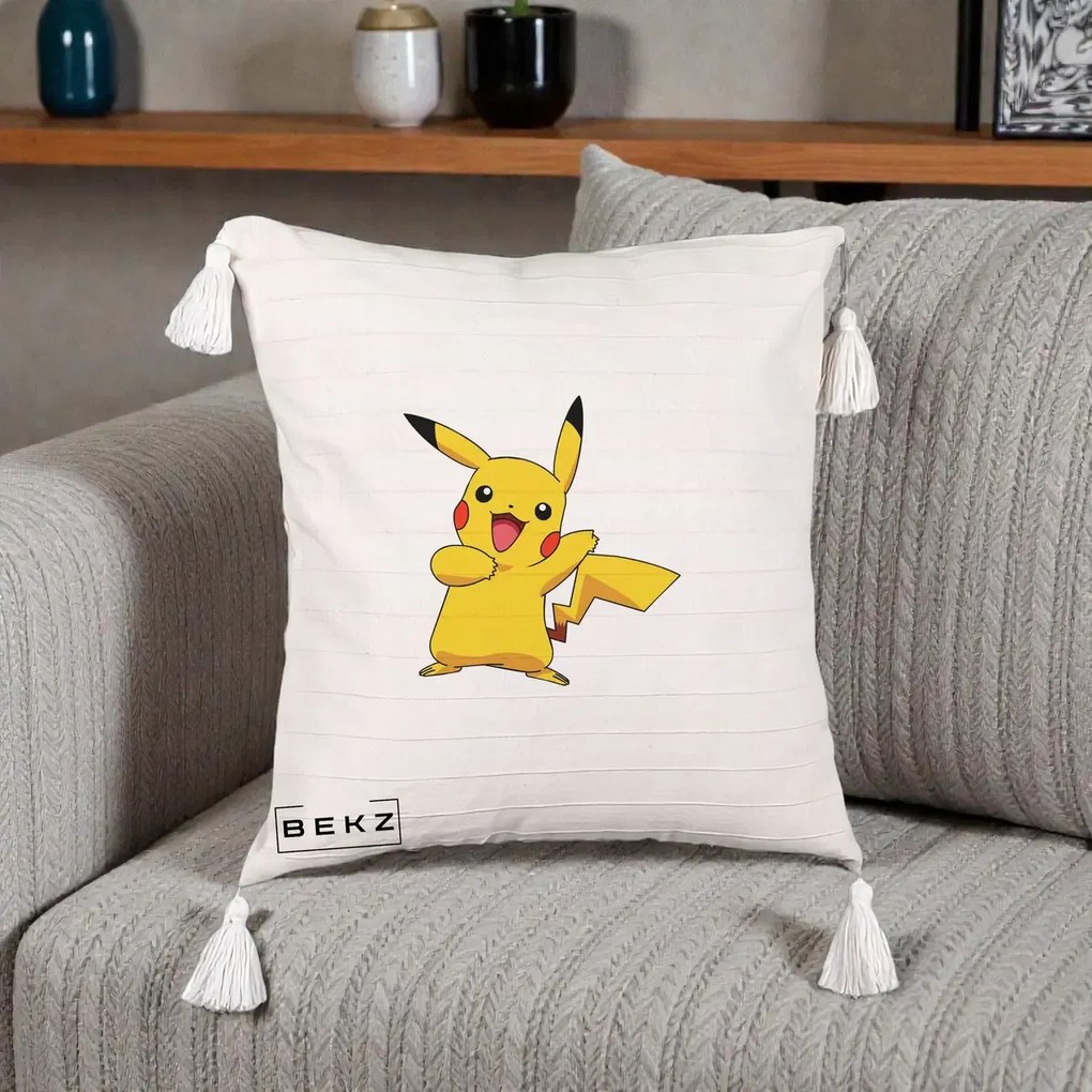 Perna Personalizata Pikachu Fericit, 40x40 cm, Bej cu Franjuri, Husa Detasabila, Perna Inclusa, BEKZ®