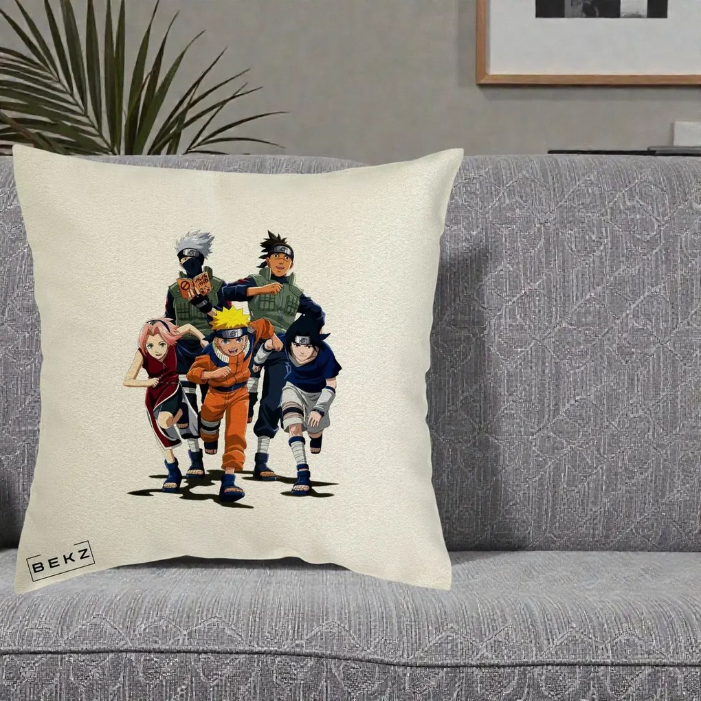 Perna Personalizata Naruto Echipa 7 Kakashi Sensei, 40x40 cm, Ecru, Husa Detasabila, Perna Inclusa, BEKZ®