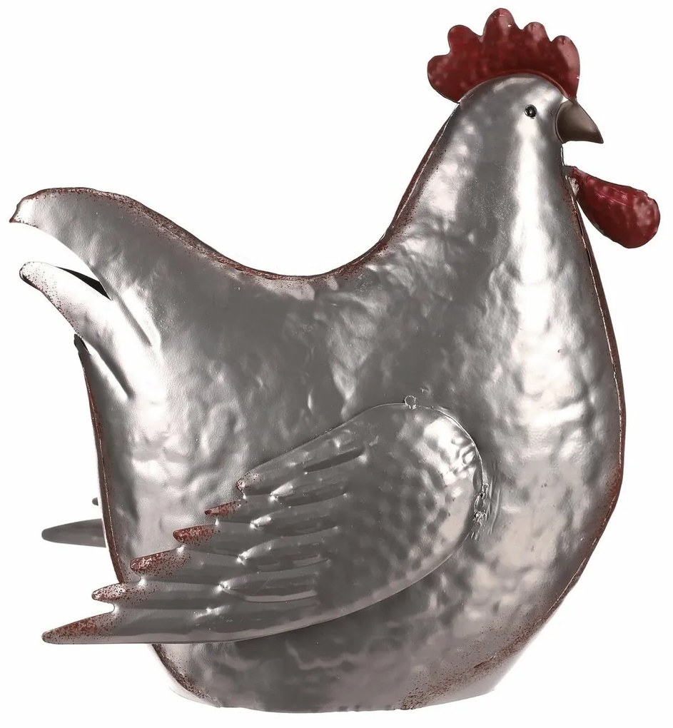 Decorațiune metalică Găină argintie, 28 x 15 x 30cm
