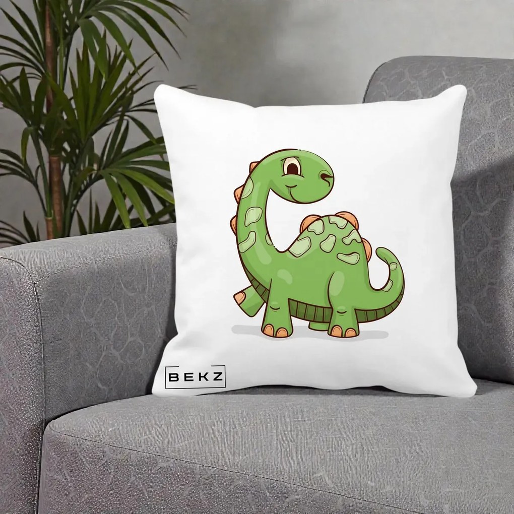 Perna Decorativa Brontosaur Verde Simpatic, 40x40 cm, Alba Mata, Husa Detasabila, Perna Inclusa, BEKZ®