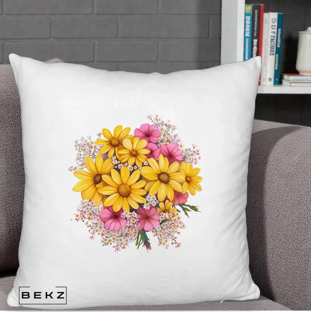 Perna Decorativa Floarea-Soarelui cu Cosmos Roz si Gypsophila, 40x40 cm, Alb Pufos, Husa Detasabila, Perna Inclusa, BEKZ®