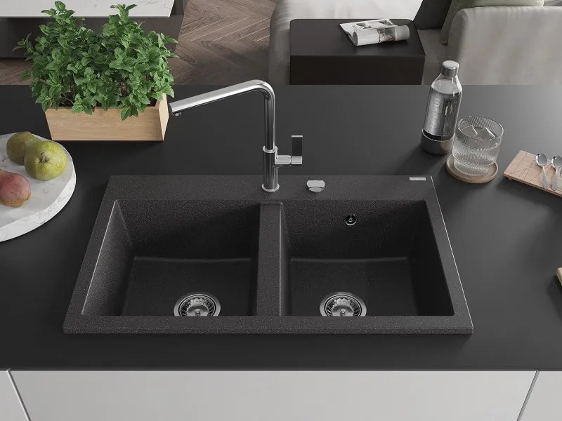 Mexen Hektor chiuvetă din granit cu 2 compartimente 800 x 480 mm, negru pătat, sifon crom - 6521802000-76