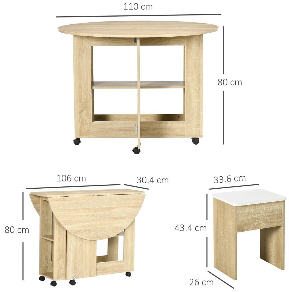 Set dining 4 persoane HOMCOM, masa de bucatarie cu extensie plianta, rotile, 4 scaune, culoare stejar | Aosom RO