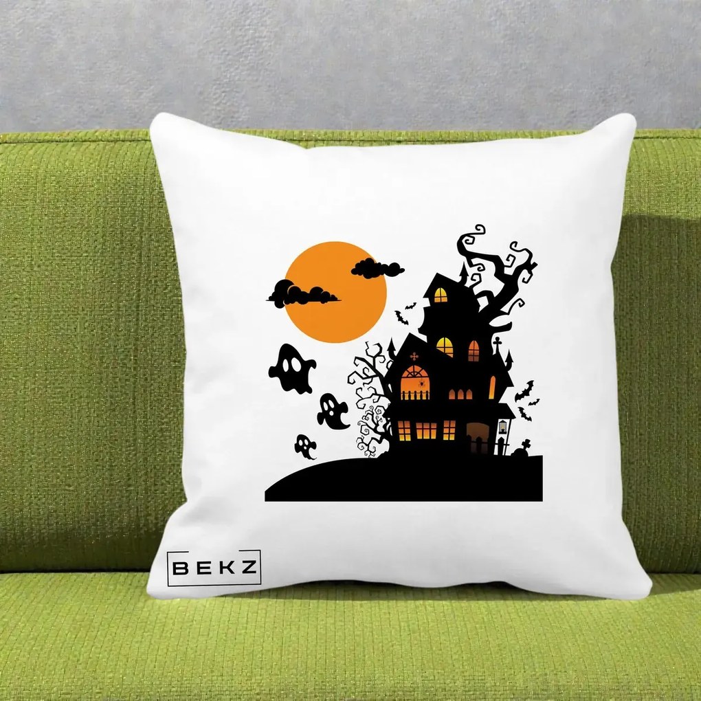 Perna Decorativa Halloween Casa Bantuita cu Fantome, 40x40 cm, Alba Mata, Husa Detasabila, Perna Inclusa, BEKZ®