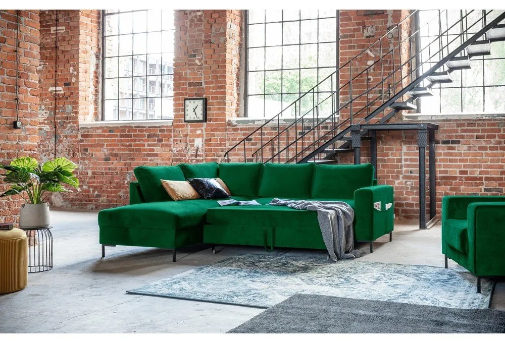 Colțar verde închis extensibil cu tapițerie din catifea (cu colț pe partea stângă ) Lofty Lilly – Miuform