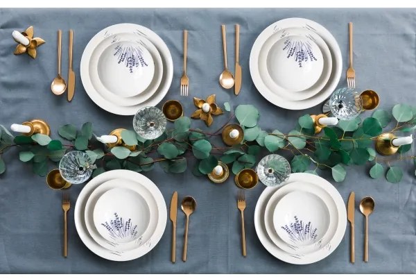 Set de veselă din porțelan, 24 piese, alb/albastru