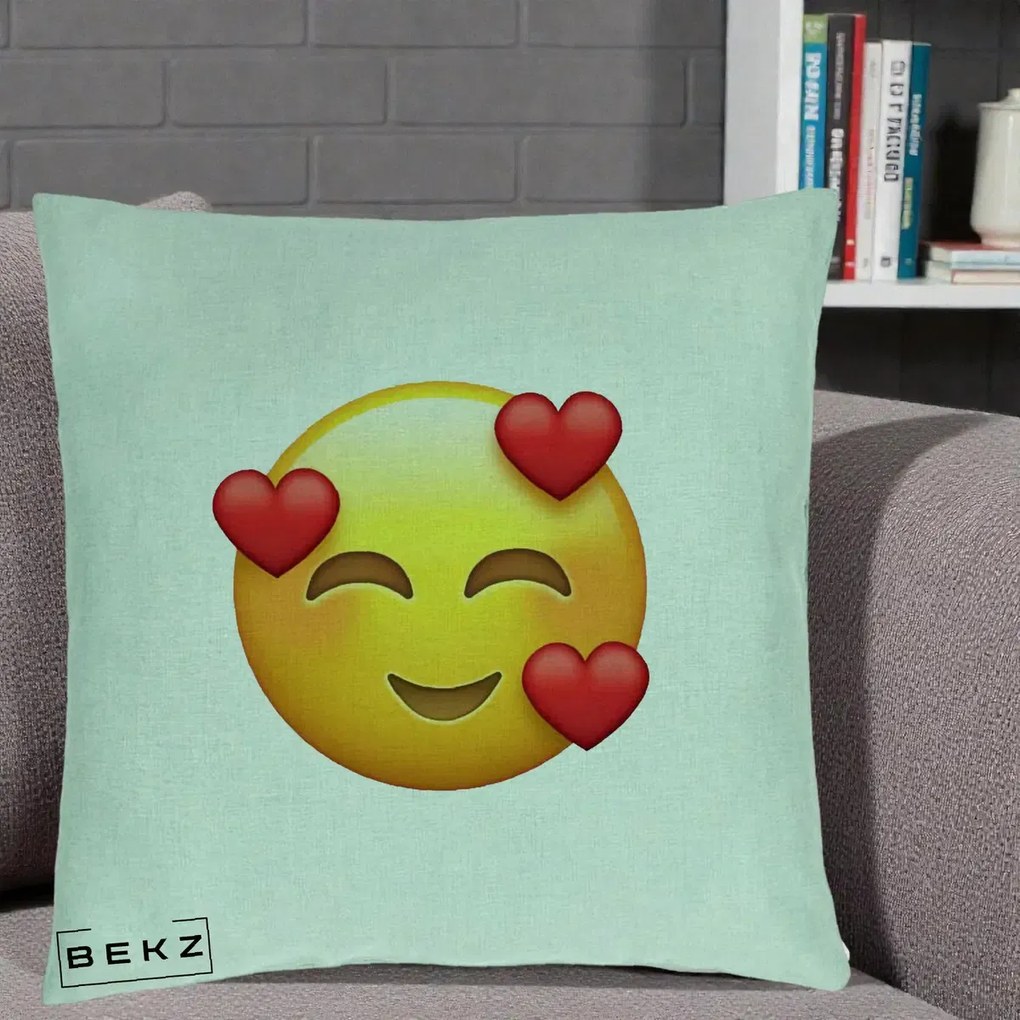Perna Decorativa Emoji cu 3 Inimi, 40x40 cm, Verde Menta, Husa Detasabila, Perna Inclusa, BEKZ®