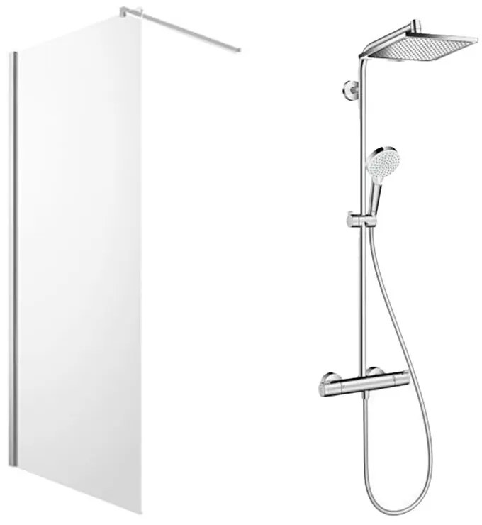 Pachet paravan dus Walk-In Omnires Marina crom 110x200 cm si coloana de dus Hansgrohe Crometta crom