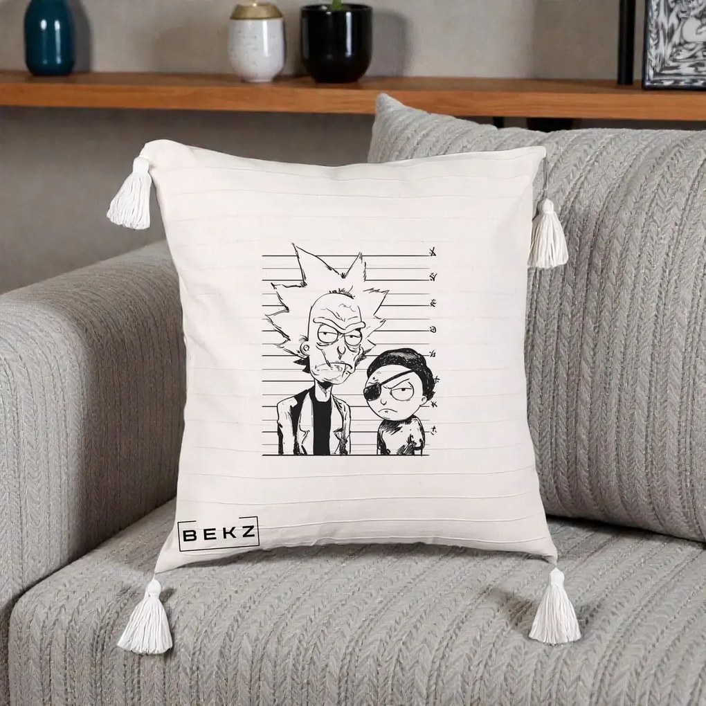 Perna Personalizata Rick si Morty Dosar, 40x40 cm, Bej cu Franjuri, Husa Detasabila, Perna Inclusa, BEKZ®
