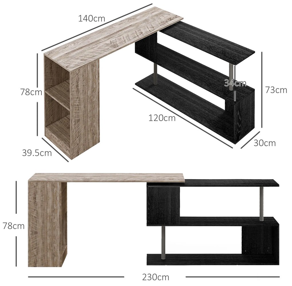 HOMCOM Birou de Colț cu Raft în Formă de S, Birou Modern din Lemn, 140x120x78 cm, Gri | Aosom Romania