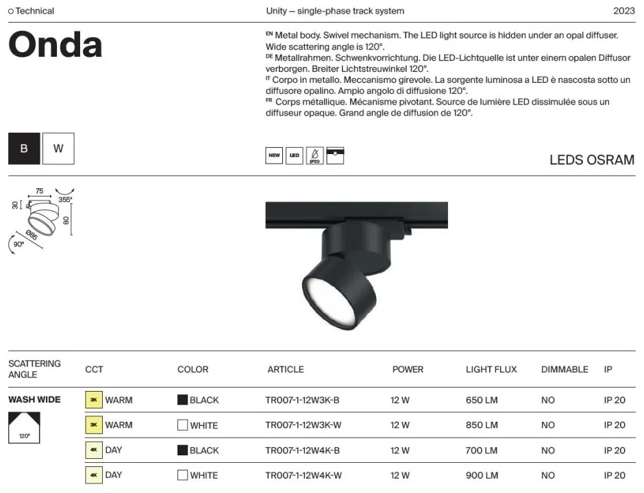 Spot LED, accesoriu pentru sinele monofazate Unity, Onda negru