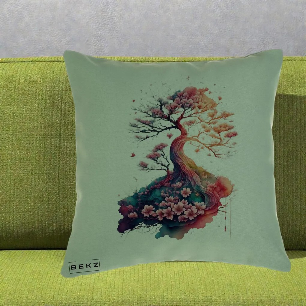 Perna Decorativa Copac Sakura Acuarela Fantasy, 40x40 cm, Verde, Husa Detasabila, Perna Inclusa, BEKZ®