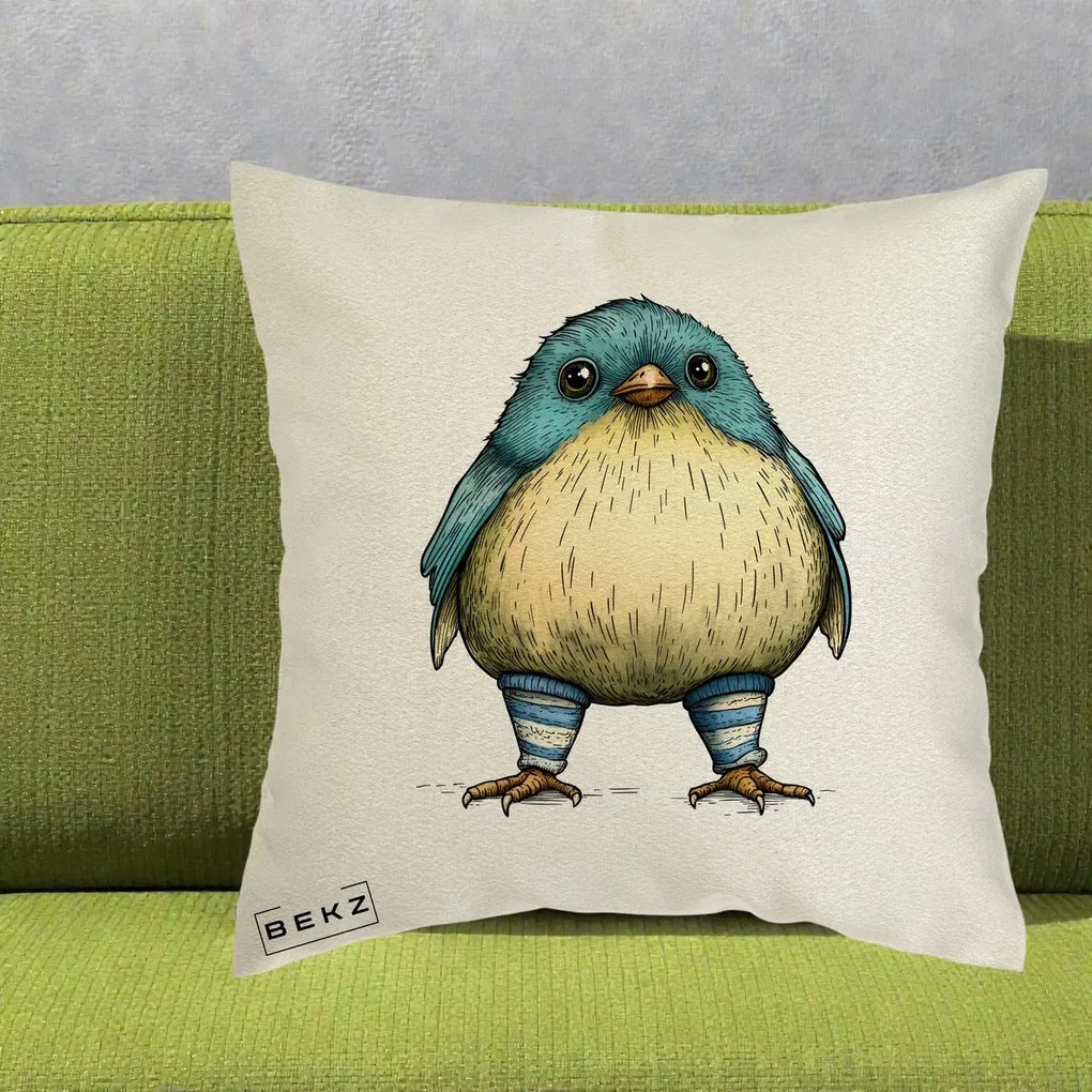 Perna Decorativa Pasare Albastra cu Sosete Albastre, 40x40 cm, Ecru, Husa Detasabila, Perna Inclusa, BEKZ®