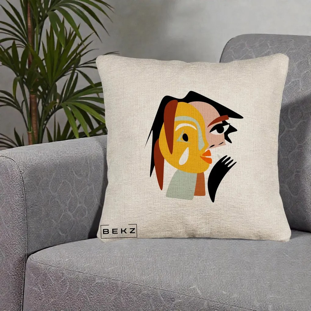 Perna Decorativa Portret Abstract Galben-Ocru, 40x40 cm, Bej Canapea, Husa Detasabila, Perna Inclusa, BEKZ®