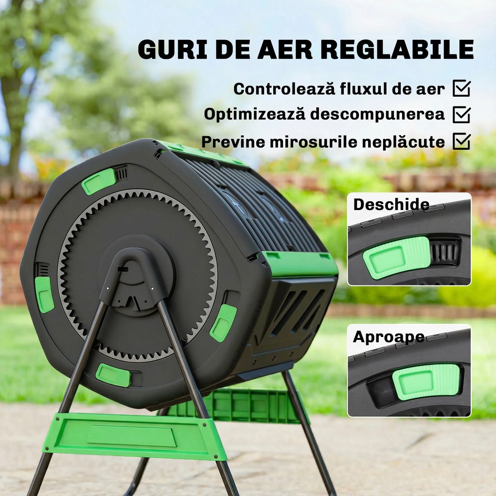 Compostor de Grădină Rotativ Outsunny 200L cu Cameră Dublă, Rotație 360°, Guri de Aerisire, Mănuși, din PP Fără BPA, pentru Compostare Deșeuri Organice din Bucătărie, Grădină și Curte | Aosom Romania