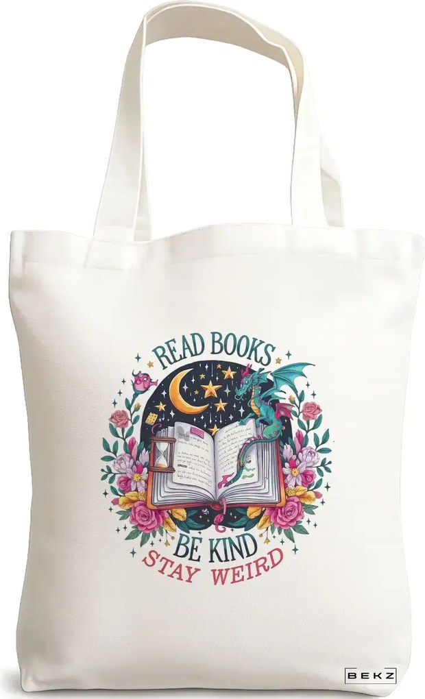 Sacosa de Panza pentru Cumparaturi, Geanta Tote, model Read Books Be Kind Stay Weird 38 x 34.5 cm, Alba, BEKZ®