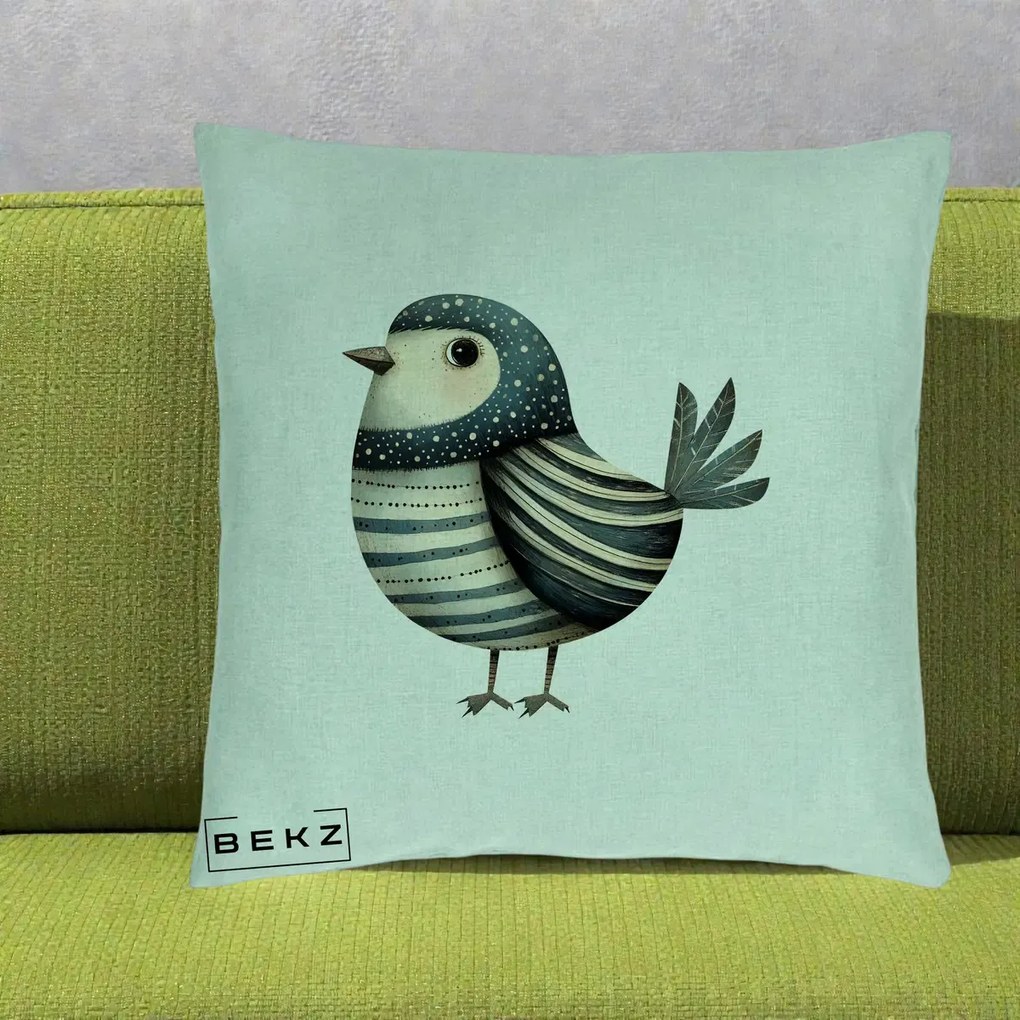 Perna Decorativa Pasare Teal Decorativa Dungata, 40x40 cm, Verde Menta, Husa Detasabila, Perna Inclusa, BEKZ®