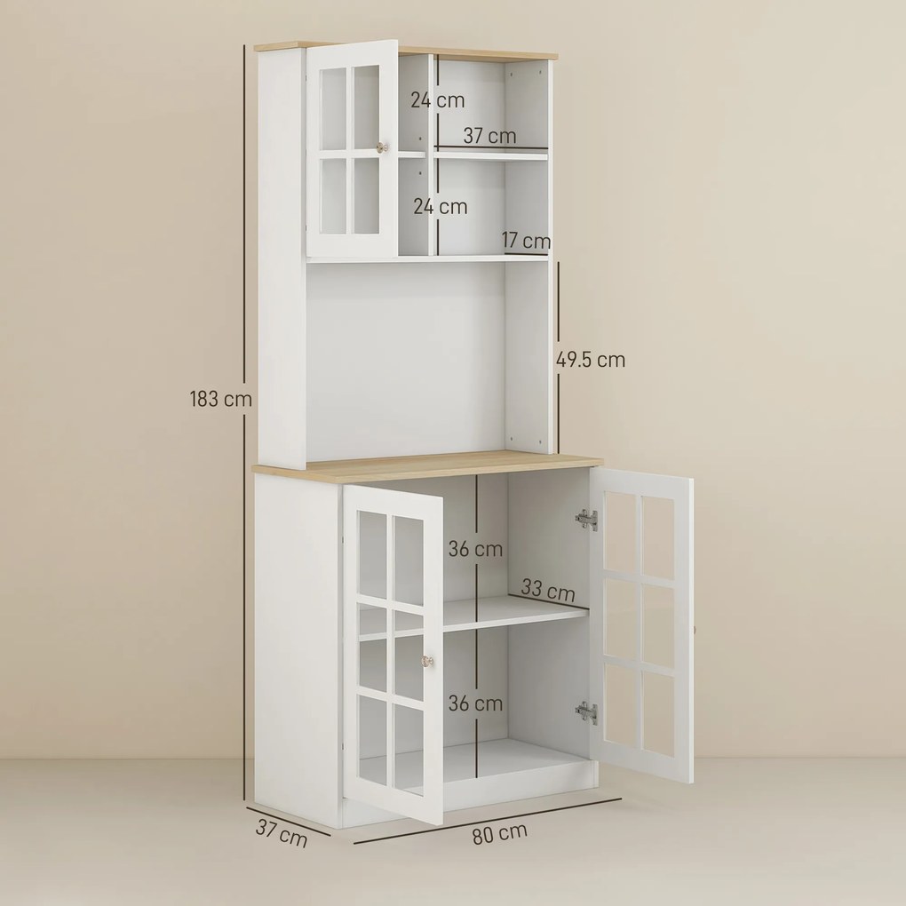Homcom Bufet Modern din Lemn MDF cu Vitrine, Spațiu Depozitare, pentru Sufragerie și Bucătărie, 80x37x183 cm, Alb | Aosom Romania