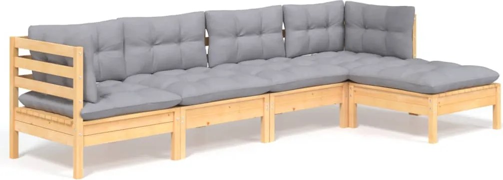 vidaXL Set mobilier grădină cu perne gri, 5 piese, lemn masiv de pin