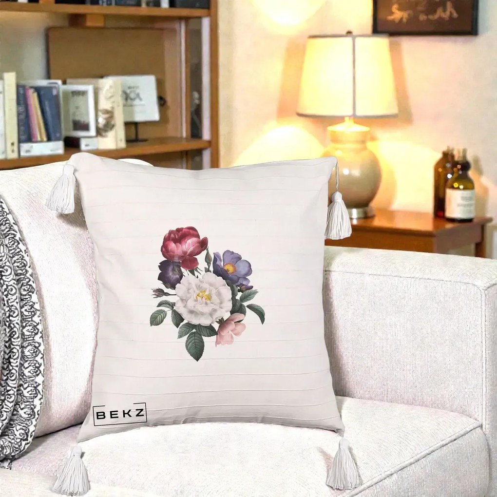 Perna Decorativa Buchet Trandafiri Bujori Botanical, 40x40 cm, Bej cu Franjuri, Husa Detasabila, Perna Inclusa, BEKZ®