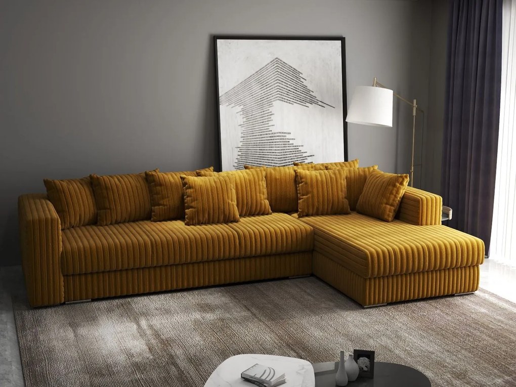 Colțar extensibil dumonde cu ladă de depozitare si sezut confortabil din spuma high-density, Gloria Ambience Mustar II 320x183 cm