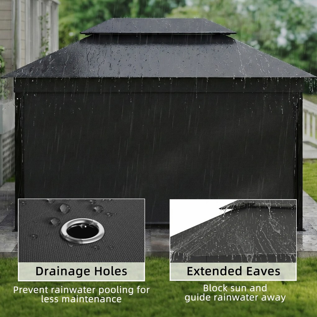 Outsunny Foișor de Grădină 4x3 m cu Perdele Laterale Rulante, Foișor Exterior cu 8 Orificii de Drenaj, Acoperiș Dublu și Structură Metalică, pentru Grădină, Balcon, Petreceri, Curte, Terasă, Gri Închis | Aosom Romania