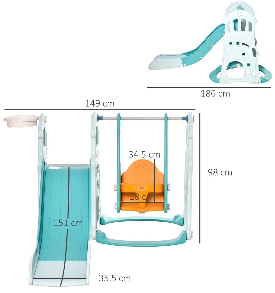 Tobogan pentru Copii HOMCOM cu Leagan Reglabil Cos de Baschet si Bile, 149x186x98cm | Aosom Romania