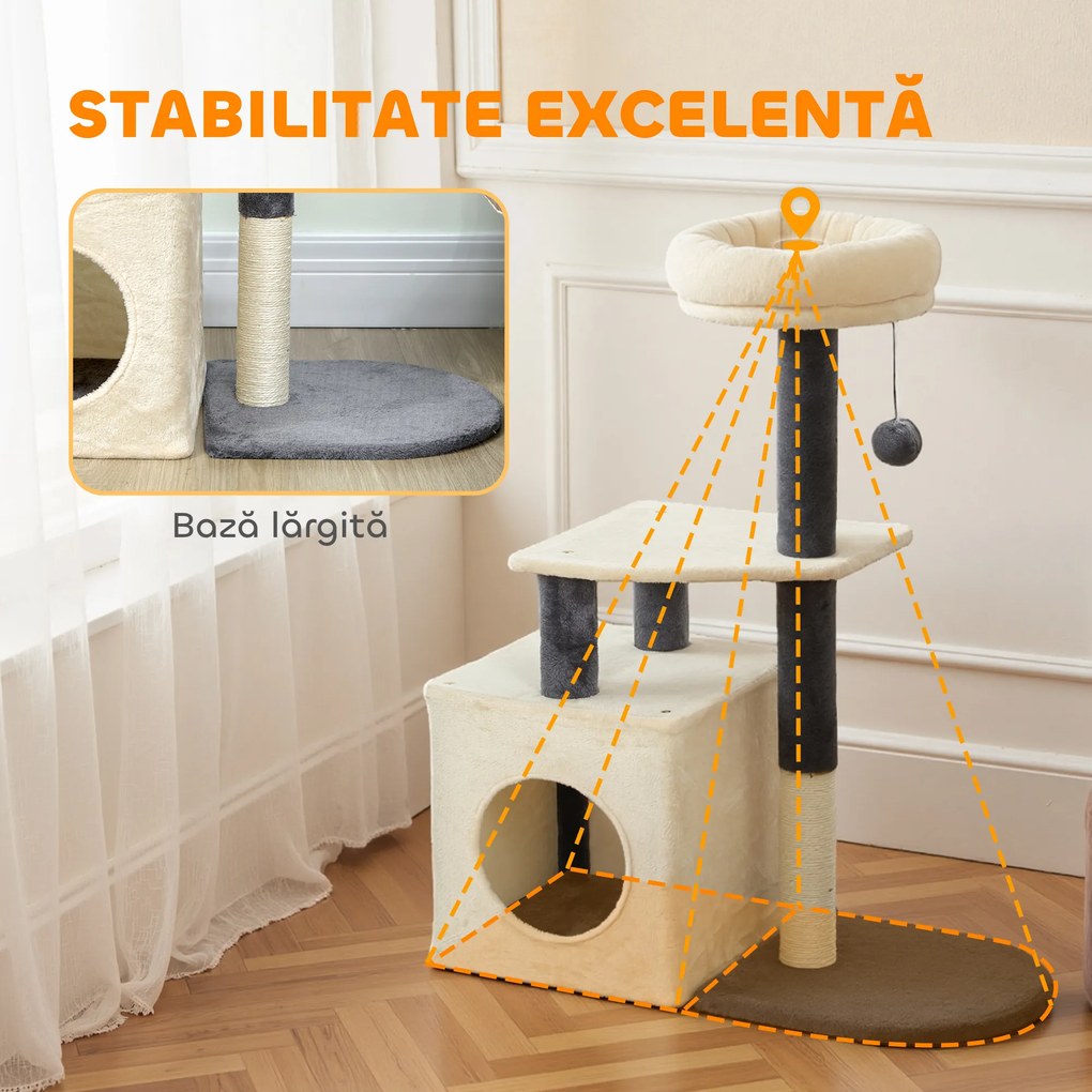 PawHut Arbore zgârietor pentru pisici, înalt de 92 cm, cu căsuță, culcuș, stâlpi din sisal și bila, crem alb | Aosom Romania
