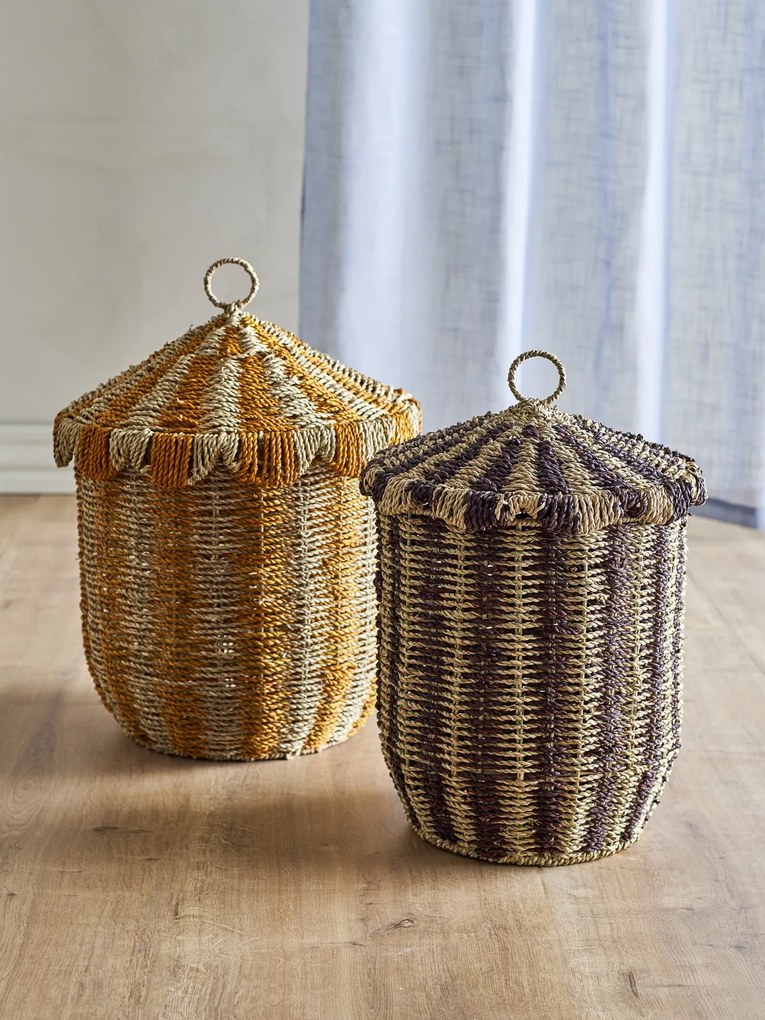 Set 2 coșuri depozitare din iarbă de mare împletită, natur, cu capac și dungi verticale, 37x50 cm și 32x43 cm, „Cikkeline"