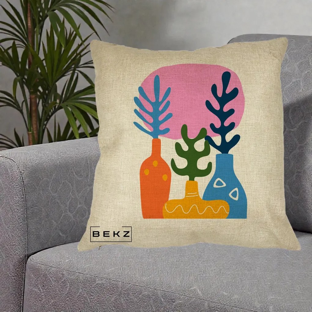 Perna Decorativa Vaze Botanice Abstract, 40x40 cm, Crem, Husa Detasabila, Perna Inclusa, BEKZ®