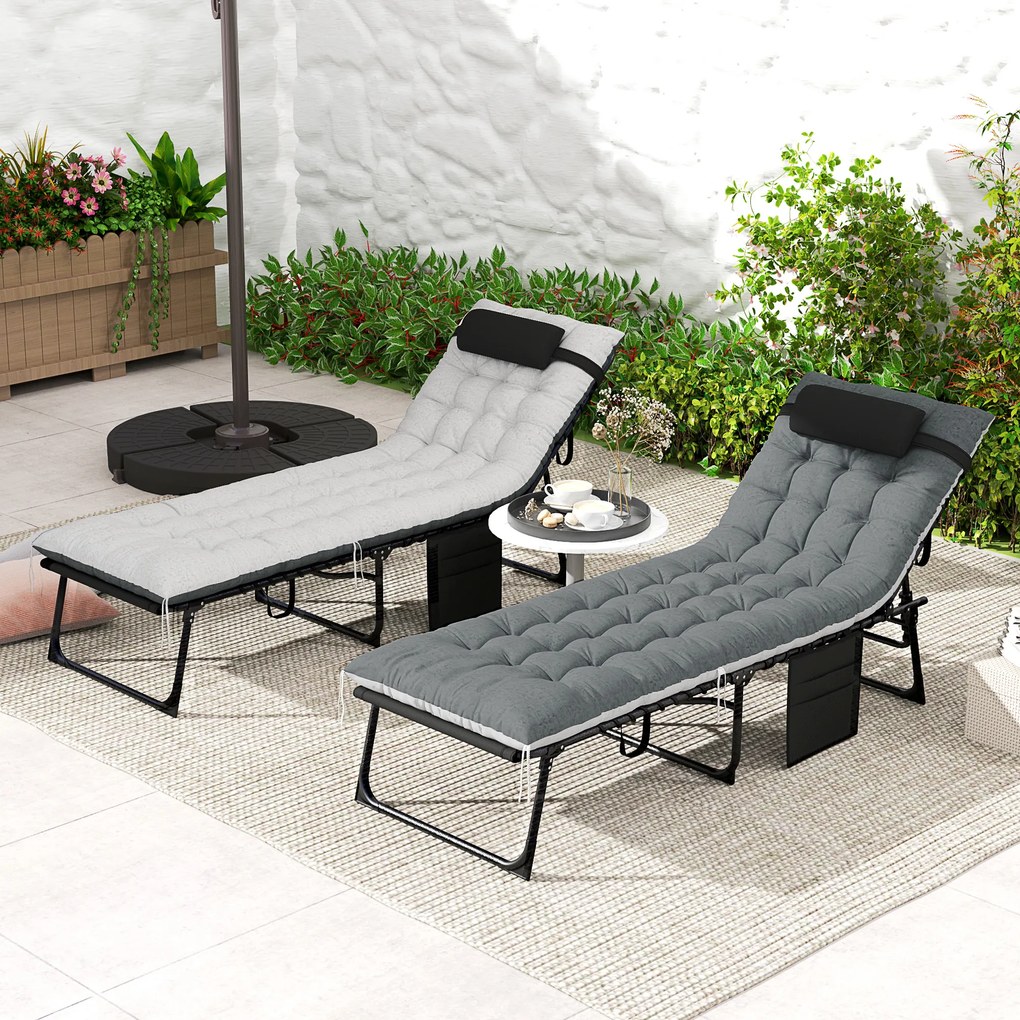 Outsunny Set de 2 șezlonguri, șezlong pliant și reglabil, pernă, tetieră, buzunar lateral, 60x190x31cm, gri | Aosom Romania