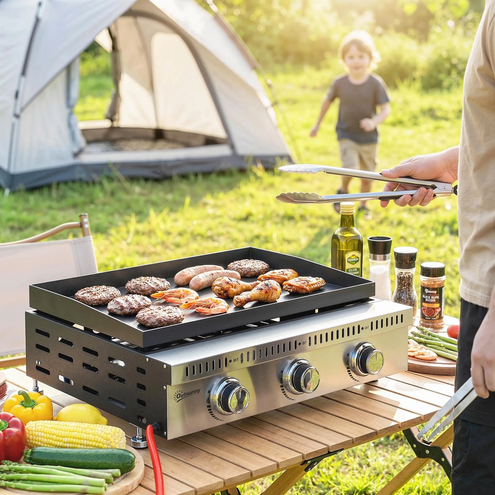 Outsunny Plancha pe gaz 9 kW 3 arzătoare din oțel inoxidabil, suprafață de gătit 56,5 x 33 cm, tavă de colectare a grăsimilor, negru | Aosom Romania