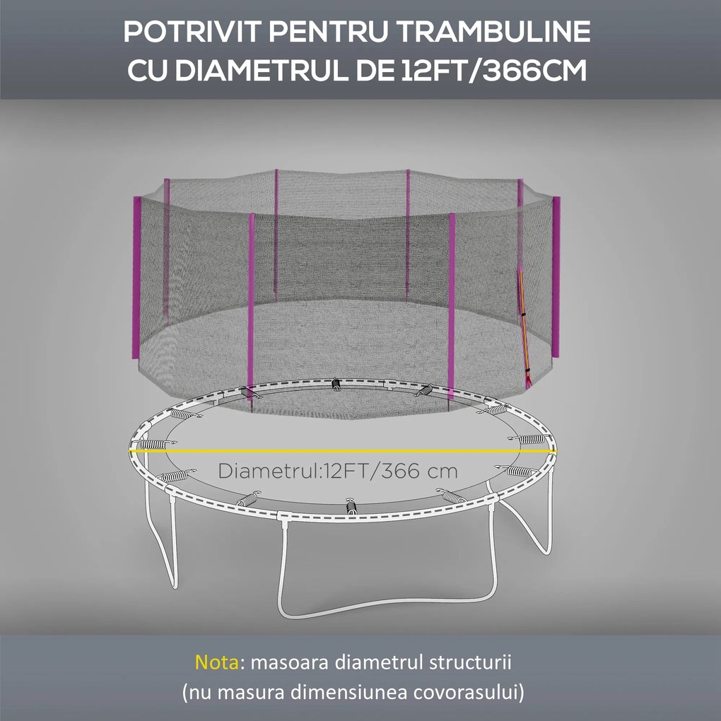 SPORTNOW Plasă Siguranță Trambulină Rotundă 366cm 8 Stâlpi Drepti Tarc Rezervă Plasă Rezistentă Negru Roz | Aosom Romania