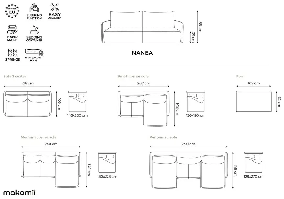 Canapea albastră extensibilă/cu spațiu de depozitare 216 cm Nanea – Makamii