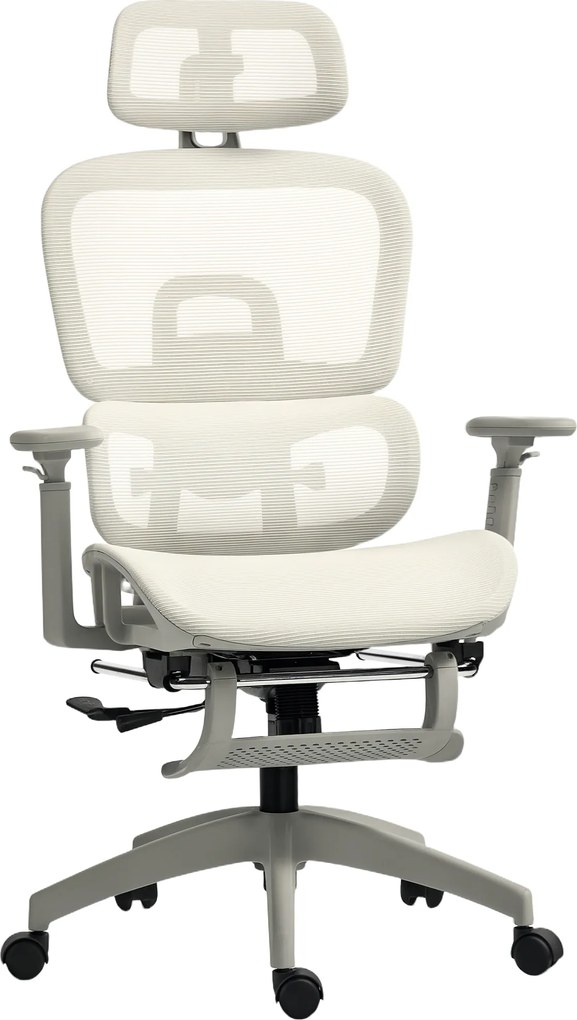 HOMCOM Scaun de birou, scaun ergonomic pentru birou cu acoperire din plasă, reglabil, pe roți, cu cotiere, tetieră, Bej | Aosom Romania