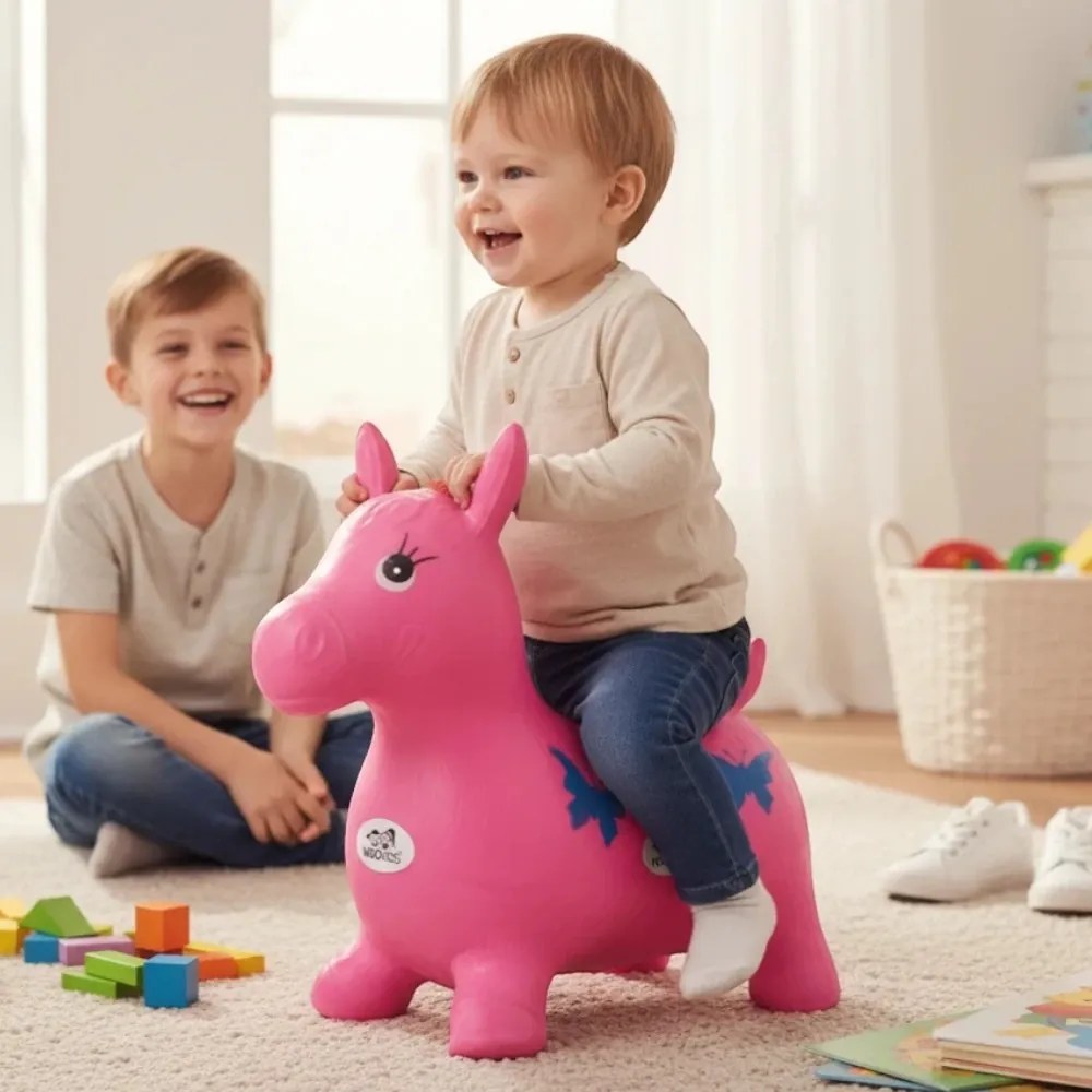 Calut de sarit gonflabil NOVOKIDS™ Jumping Donkey, Cu sunete si lumini, Dimensiuni 55X50X25 cm, Pentru interior si exterior, Max 50 kg, Rosu Gri