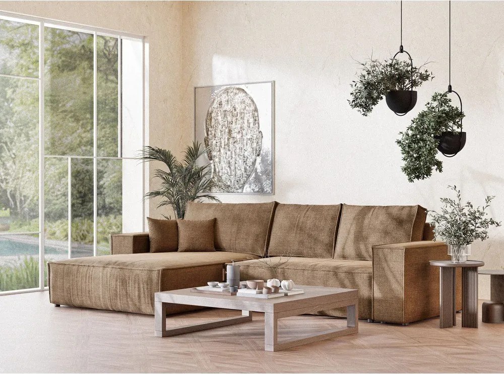 Colțar maro deschis extensibil/cu spațiu de depozitare cu tapițerie din chenille (cu colț pe partea stângă/cu șezlong) Maze – Maison de Rêve