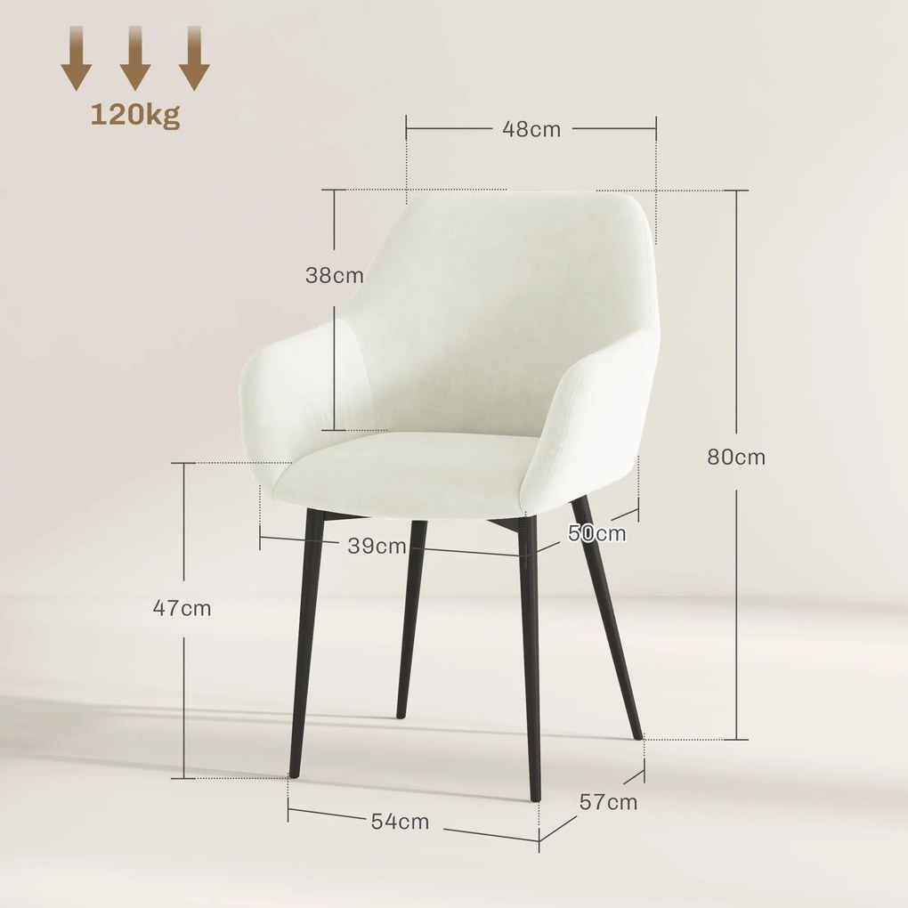 HOMCOM Set 2 Scaune de Dining Tapițate în Stil Nordic cu Brațe și Picioare din Oțel, 54x57x80 cm, Alb Crem | Aosom Romania