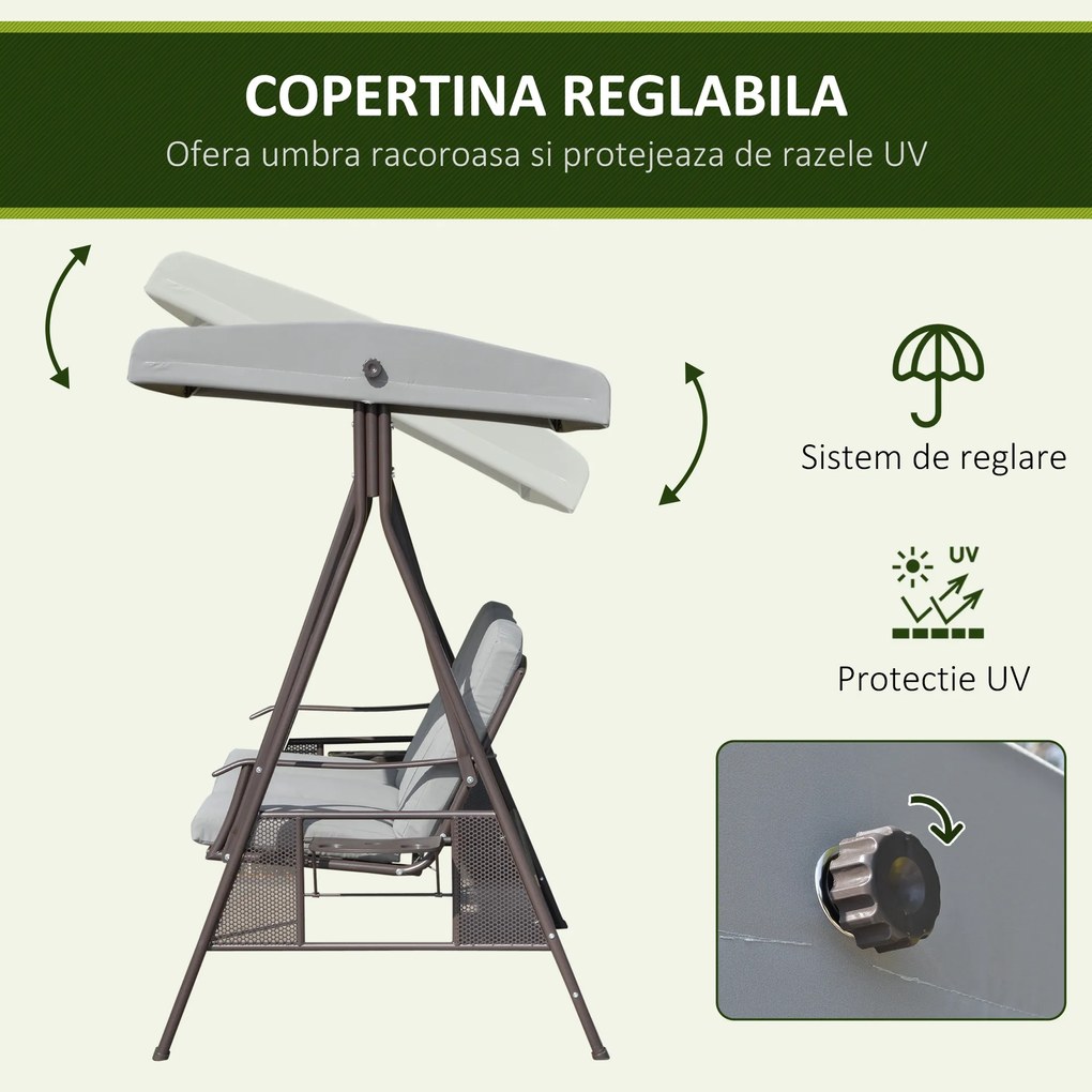 Outsunny Balansoar pentru 3 Persoane cu Acoperiș Reglabil și Suporturi Laterale, Gri Deschis | Aosom Romania