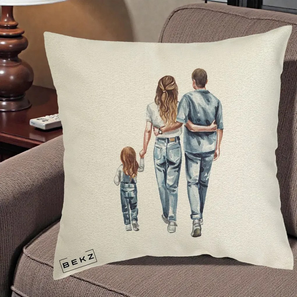 Cadou pentru Familie - Perna Personalizata Familie Acuarela Jeans, 40x40 cm, Ecru, Husa Detasabila, Perna Inclusa, BEKZ®