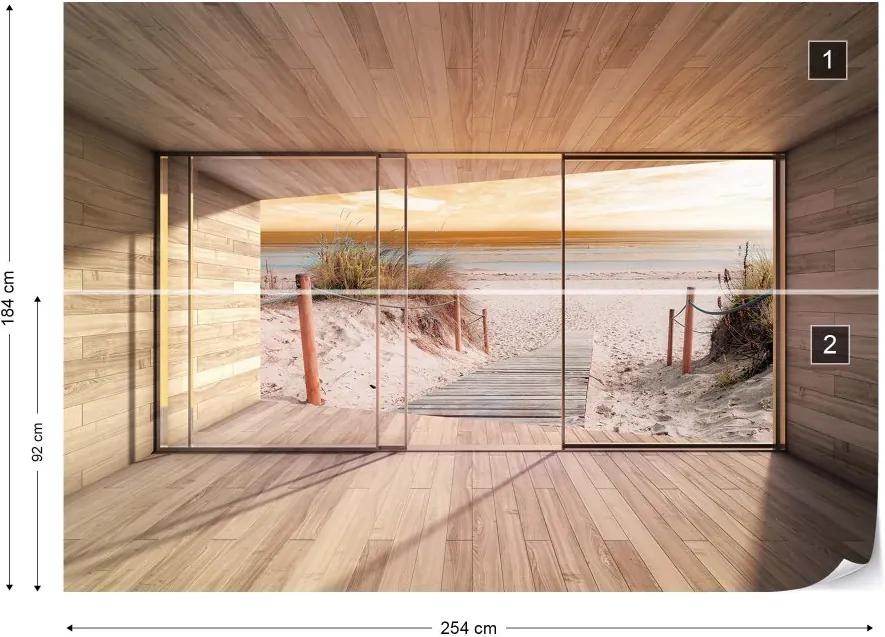 GLIX Fototapet - Moderní okno s výhledem na pláž 3D Vliesová tapeta  - 254x184 cm