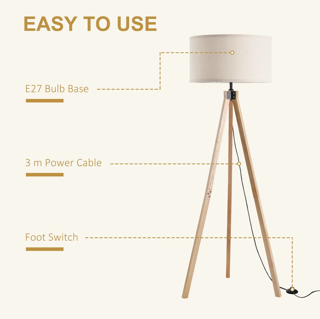 HOMCOM Modern Design Three Legged Floor Lamp Vertical Decoration Lamp, Bedroom and Office,  Beige Lampshade  HOMCOM Lampada da terra treppiede in legno con lampadine E27 moderno per camera ufficio paralume beige Ф45 x 152cm