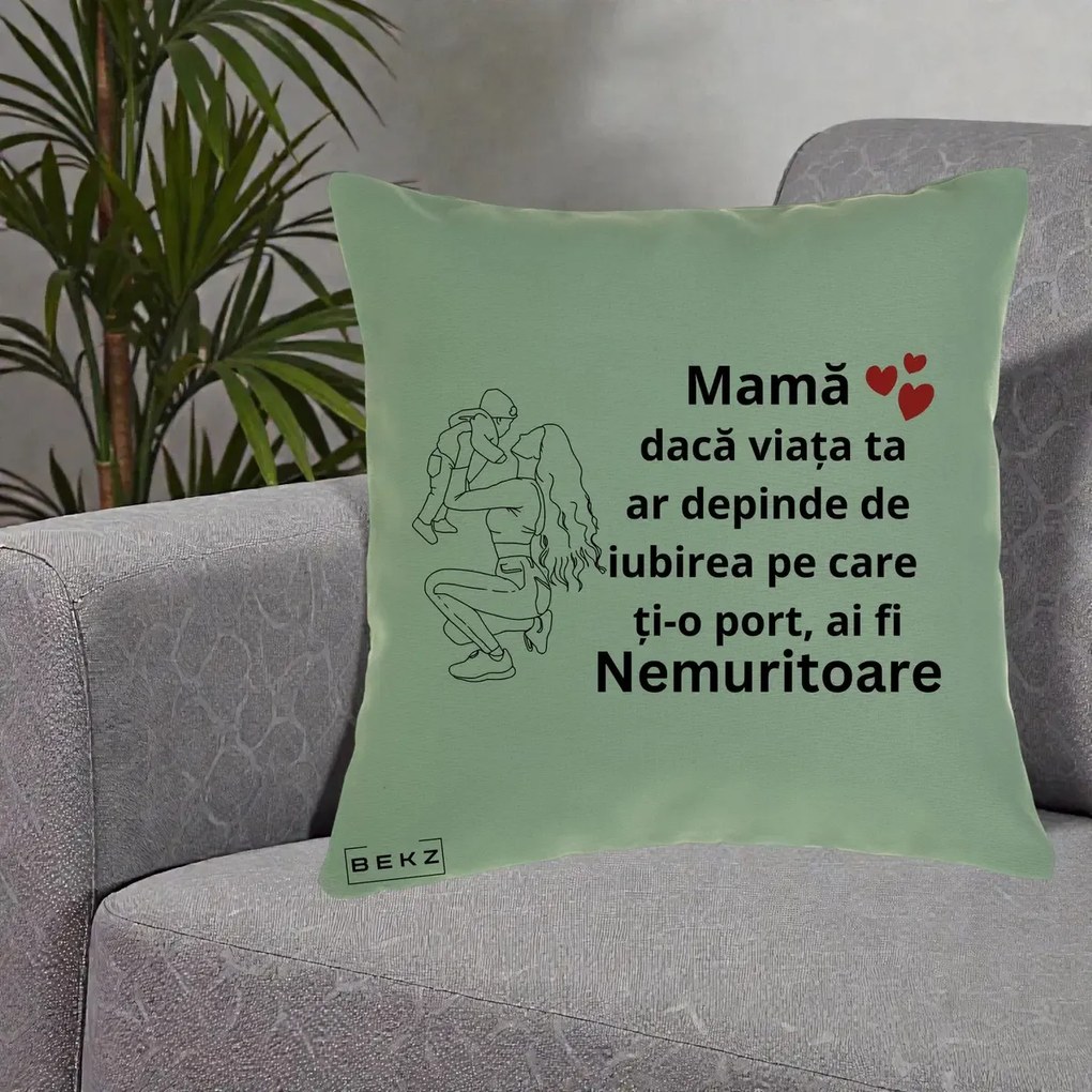 Cadou pentru Mama - Perna Personalizata Mama Nemuritoare Portret Graphic, 40x40 cm, Verde, Husa Detasabila, Perna Inclusa, BEKZ®