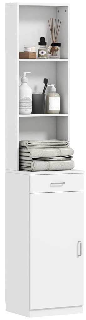 HOMCOM Dulap înalt pentru baie, design subţire, sertar, rafturi, dulap, placaj, alb | Aosom Romania